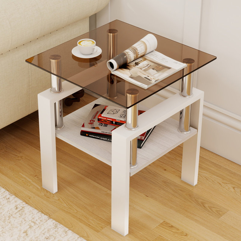 (Ensemble de 2) Table de bout carrée moderne en verre trempé l 17,7 po avec couche en MDF et table d'appoint avec cadre en métal