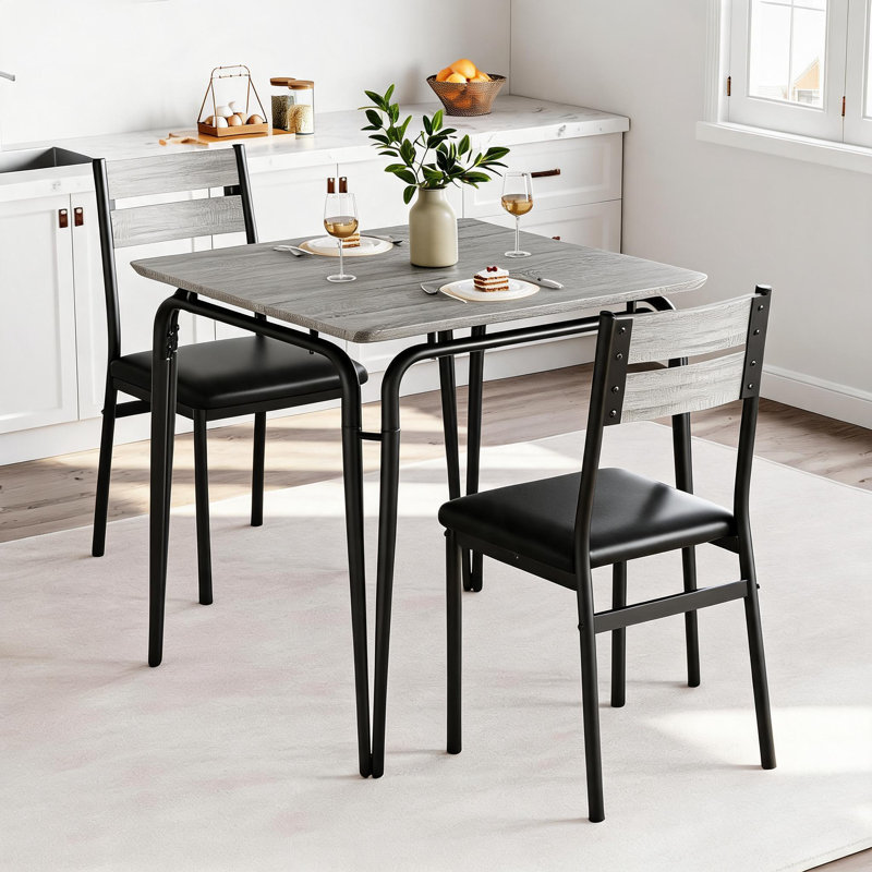 Ensemble de table et de chaises de salle à manger 3 pièces compact pour 2 personnes - Mobilier carré pour cuisine et salle à manger - Idéal pour les appartements - Finition grise - Plateau en MDF résistant