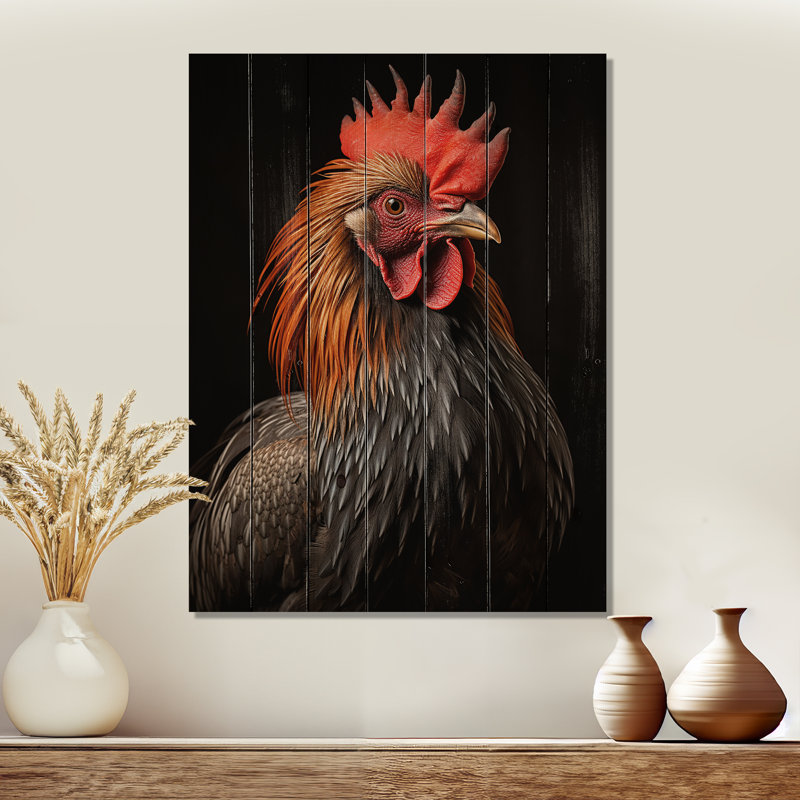 Portrait de coq noir - impression sans cadre sur bois, H 32 po x l 24 po x P 0,78 po