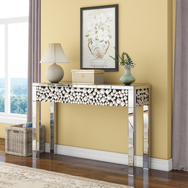 Yolanta 47.24" Glass Console Table With Crystal Frame for Behind Sofa Couch Entryway Mirrored Home Decor