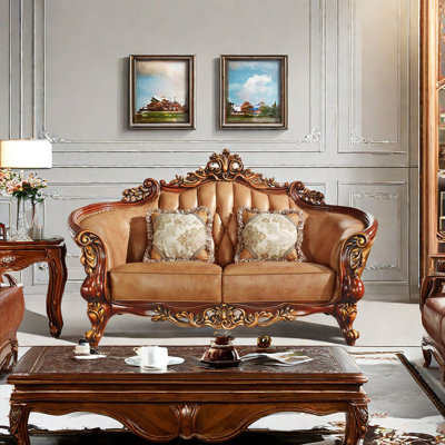 European Style Solid Wood Carved Luxury Sofa 78.74'' Leather Loveseat