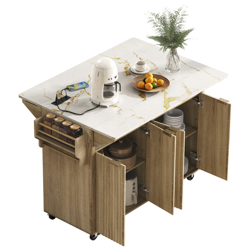 55.5" Fluted Kitchen Island With 2 Drop Leaf, Natural