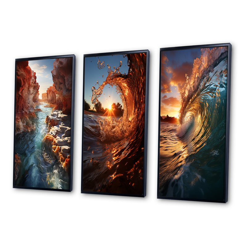«Sunshine In Breaking Waves Nature Photographie», 3 pièces sur toile, Cadre flottant noir, H 20 po x l 36 po