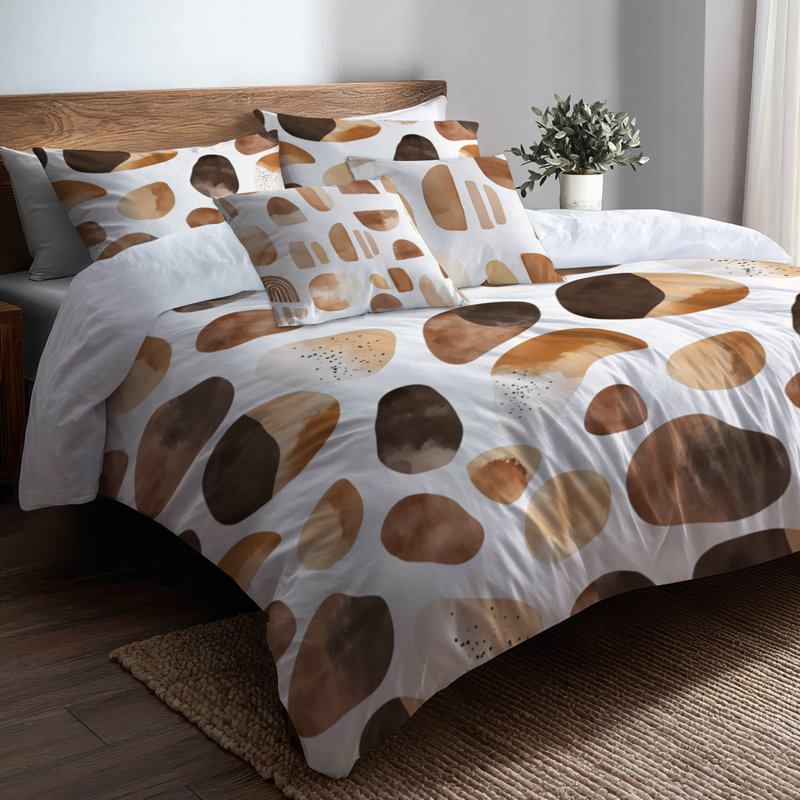 Ensemble d'édredon Country Farmhouse 6 pièces - Formes géométriques brun et beige cacao avec taies décoratives et coussins décoratifs