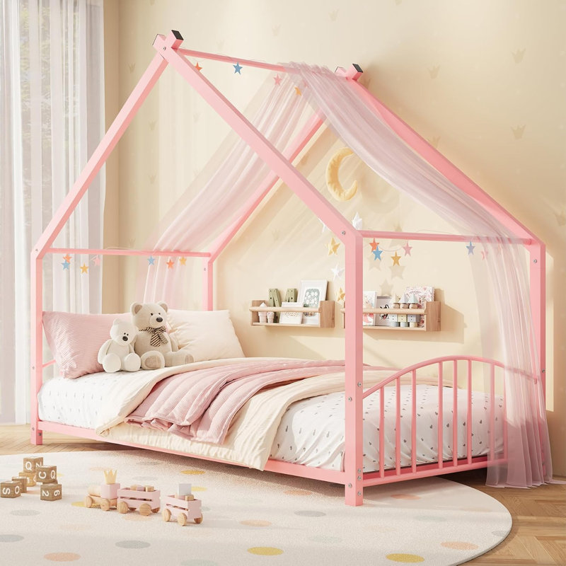 Lit de sol simple avec cadre de maison, Twin, Pink