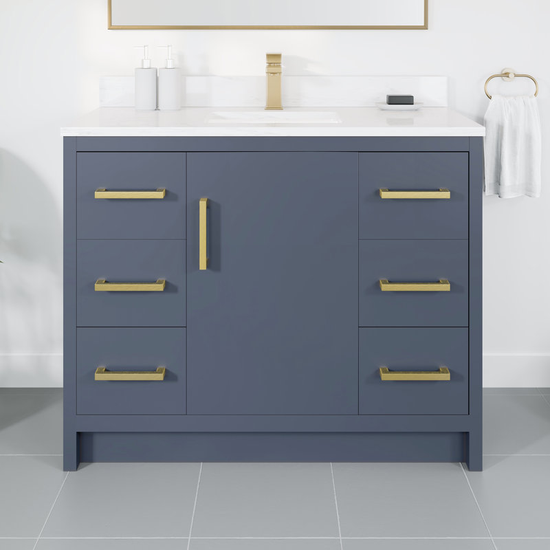 Ilsa 42"W X 18"D Bathroom Vanity With White Carrara Quartz Countertop And Undermount Porcelain Sink, Dark Blue