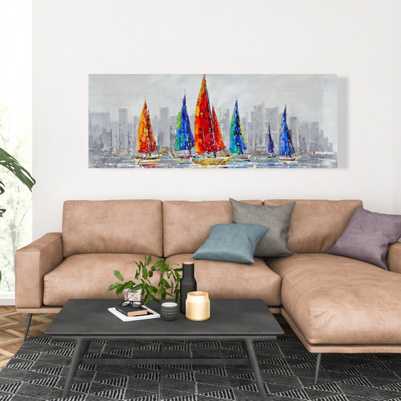 Bateau coloré près d'une ville grise - chambre à coucher, art sur toile