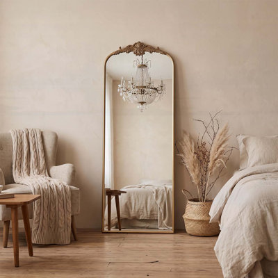 Vintage Arched Full-Length Mirror with Brass Gold Frame, Ideal for Adding French Elegance and Spacious Illusion to Any Room