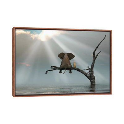 Éléphant et chien assis sur un arbre fuyant une inondation - reproduction d'art