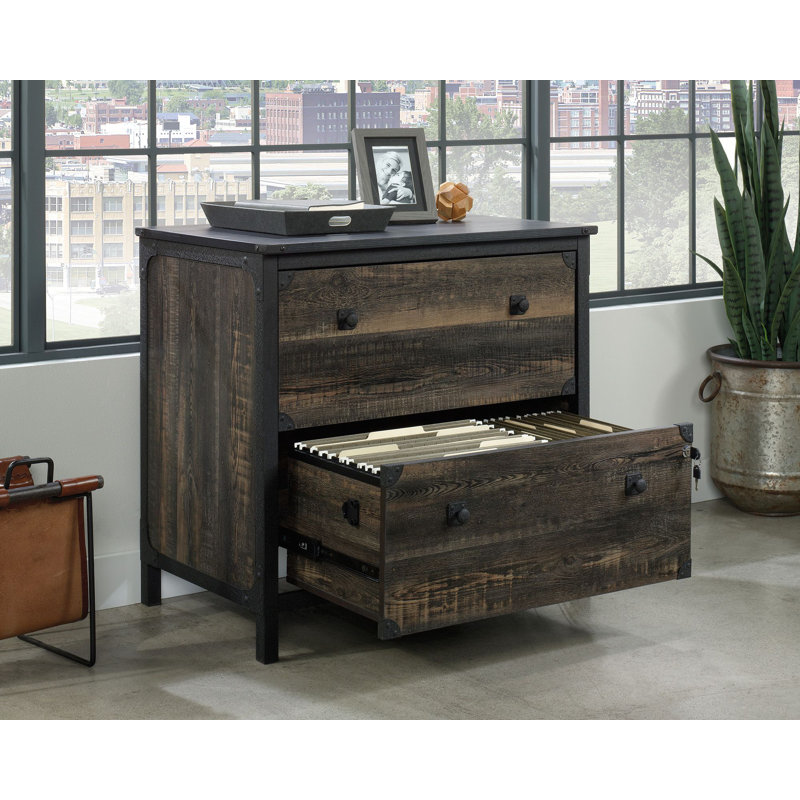 Carbon Oak 2-Drawer Lockable Lateral File Cabinet with Metal Frame
