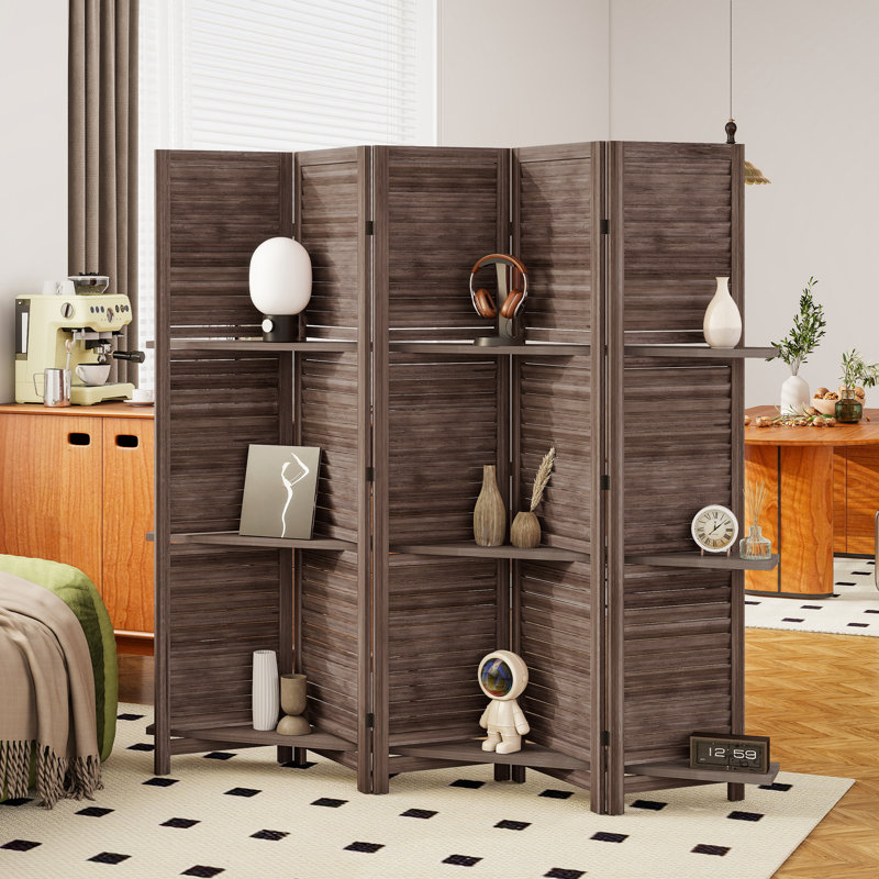 Paravent avec 3 tablettes, écran en bois pliant 67 po, écran d'intimité à 5 panneaux pour la chambre à coucher, 5, Brown