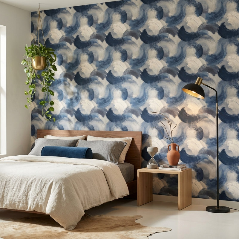 Décoration murale abstraite à motif abstrait coups de pinceau bleu, Peler et coller