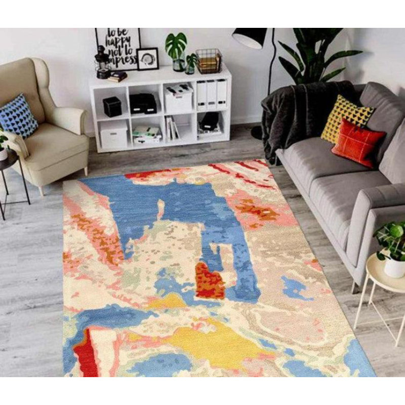 Tapis rectangulaire en laine / coton abstrait fait à la main 6 pi x 9 pi rouille / bleu / rose / beige / or