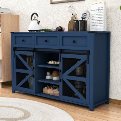 3 Drawers Sideboard Buffet Cabinet with Sliding Barn Door, Adjustable Shelves and Metal Mesh Doors