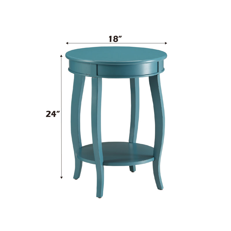 Table d'appoint à finition sarcelle - Pied en bois massif et tablette ouverte avec tablier rond