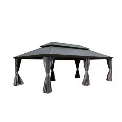 Hardtop Gazebo, Outdoor Gazebo with Galvanized Steel Double Roof, Aluminum Frame, Built-in Gutter System, Curtain and Netting, Metal Gazebo Pavilion for Patio Deck Garden