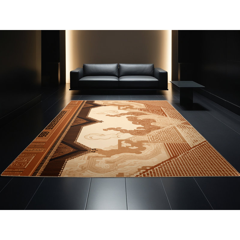 Tapis oriental moelleux et moelleux à motif oriental de la ville de Pékin, brun et beige, 5 x 8