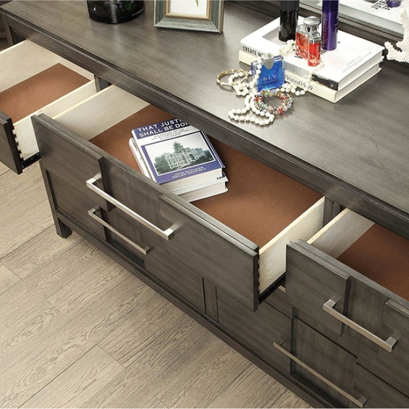 Table de chevet grise 1pc de style transitionnel, 2 tiroirs, plateau doublé de feutre, poignée en bois massif et barre de nickel pour table de chevet décorative contemporaine