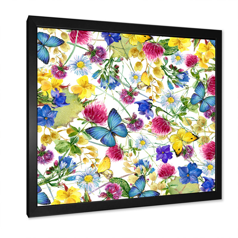 Herbes et fleurs avec papillon, Black Picture Framed Canvas, H 30 po x l 30 po x P 1 po