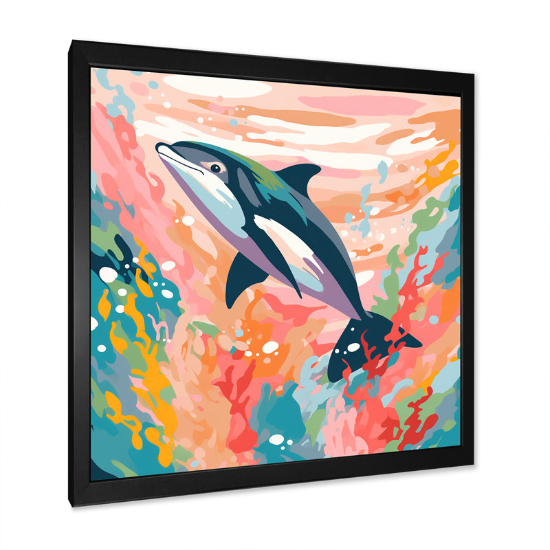 «Aquatic Elegance Dolphin Impression», art mural dauphin animaux, H 16 po x l 16 po x P 1 po, Encadrement doré
