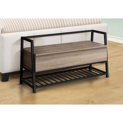 42" Taupe Bench For Hallway With Storage Compartment, Black Metal, Contemporary Entryway Storage, Dark Wood-Look Finish, Metal Construction