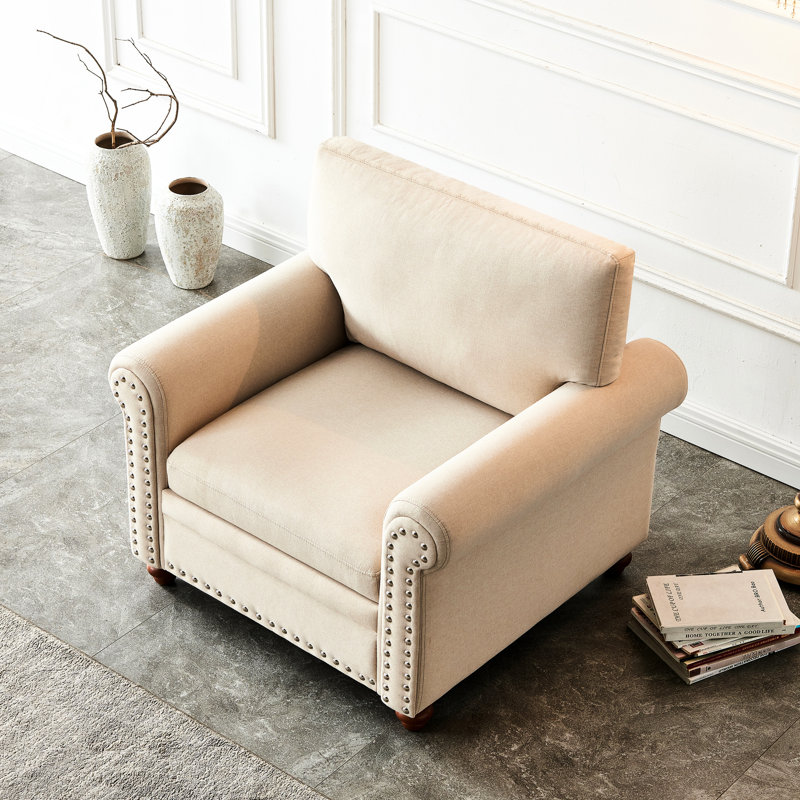 Chaise de salon confortable en tissu beige et bois à assise haute en mousse haute densité avec pieds