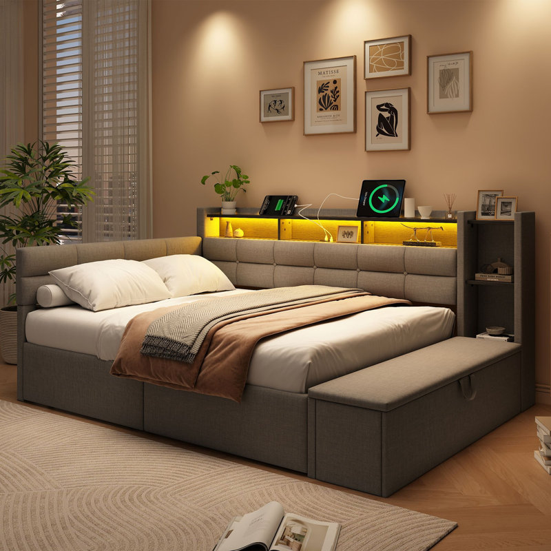 4ft6 Double LED Daybed with Storage Drawers and Ottoman, Grey