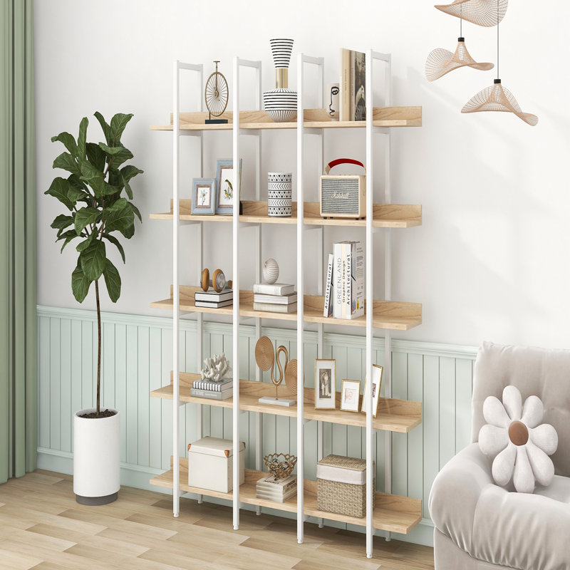 Bibliothèque de bureau à 5 niveaux, Blanc/chêne, H 70,9 po x l 70,9 po x P 11,8 po
