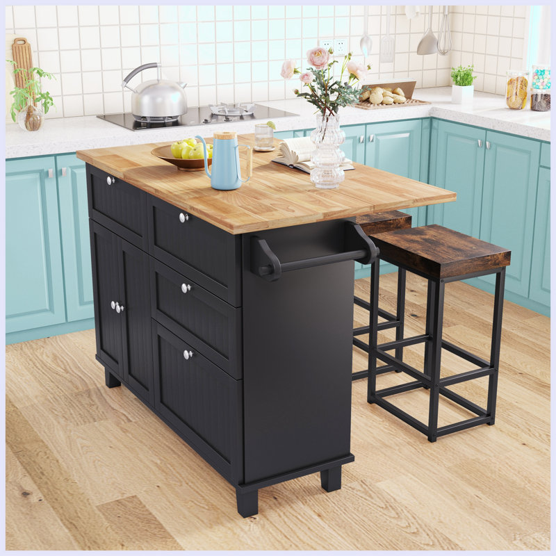 Solid Wood Top Kitchen Island Set, Black