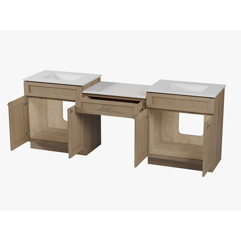 91'' Double Bathroom Vanity with Quartz Top, Natural Oak
