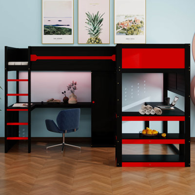 Lit mezzanine en L avec éclairage à DEL, 2 bureaux, ports USB, lit mezzanine pour jouer, lit mezzanine en bois avec garde-robe et tablettes de rangement