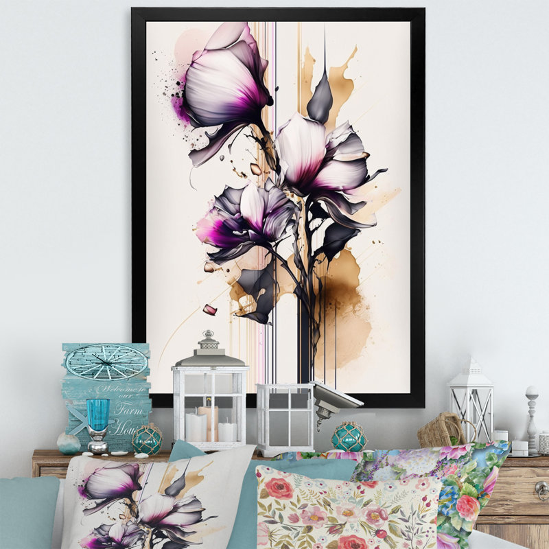 Fleur d'orchidée rose sur fond abstrait I - impression sur toile, Cadre photo noir, H 32 po x l 16 po x P 1 po
