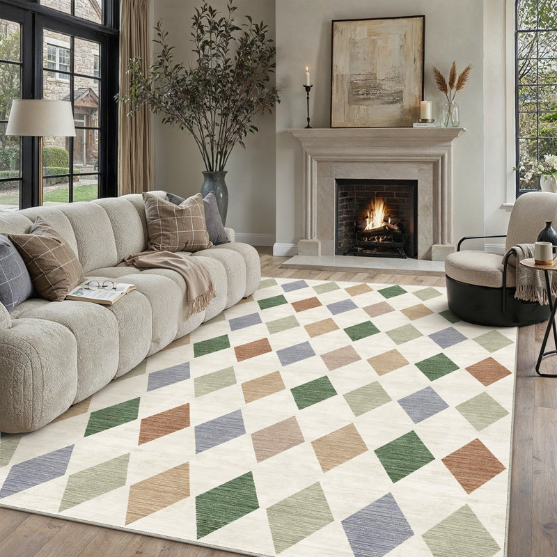 Tapis moderne lavable à losanges pour le salon avec envers antidérapant, Multi-couleur, Rectangulaire 3 pi x 5 pi