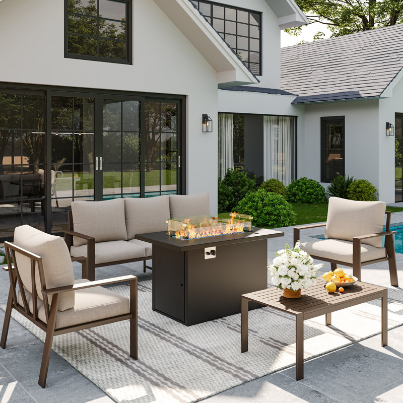  Modern Outdoor Aluminum 5-Piece Conversation Set with Fire Pit Table, Beige, Yes