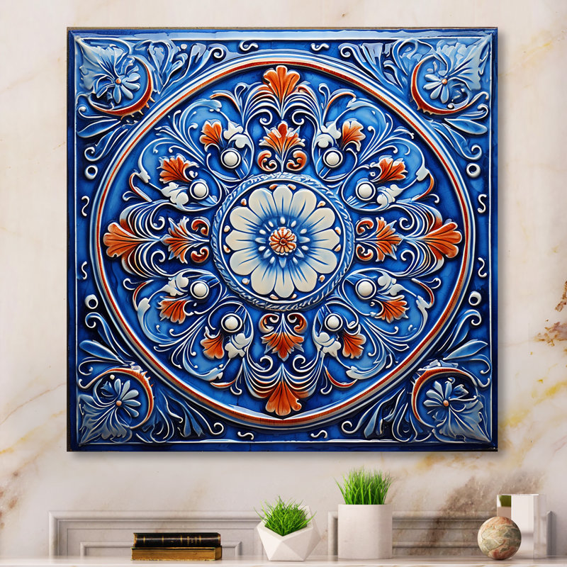 Motif floral mosaïque bleue et orange 4 - Boho Tiles, H 29 po x l 29 po
