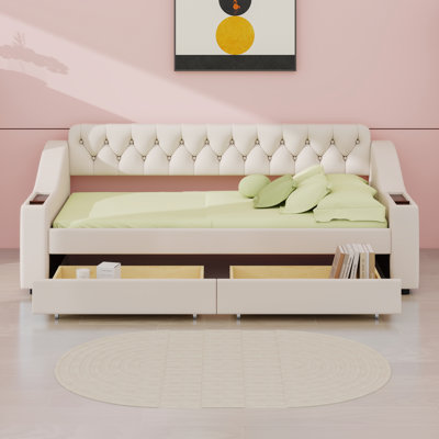 Multi-Functional Platform Bed With Storage Armrests,USB Ports,2 Drawers And Button Tufted Backrest