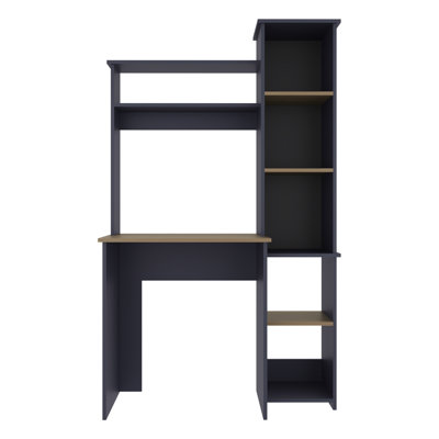Bureau d'ordinateur moderne avec plateau spacieux et cinq tablettes latérales ouvertes, bleu marine, modèle autoportant avec deux étagères pour l'espace de travail.