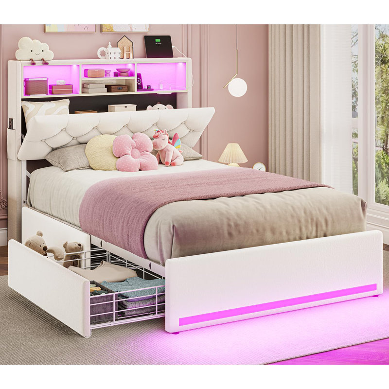 Lit plateforme tapissier avec rangement, Double, Blanc