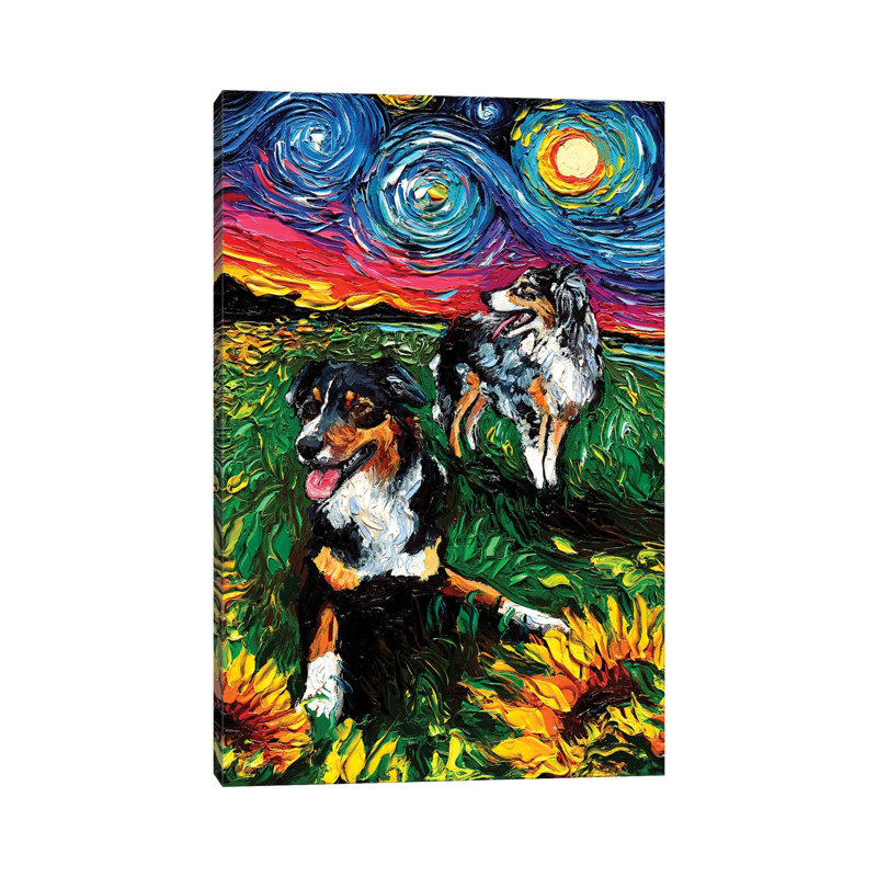 «Starry Australian Shepherds» par Aja Treves - peinture sur toile tendue, H 12 po x l 8 po x P 0,75 po