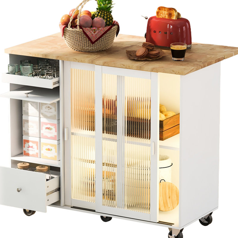 Îlot de cuisine blanc avec abattant, lumières à DEL, 2 portes coulissantes en verre, 1 porte d'armoire rabattable, tablette réglable, tiroirs (modernes) (grands tiroirs cannelés de style scandinave)