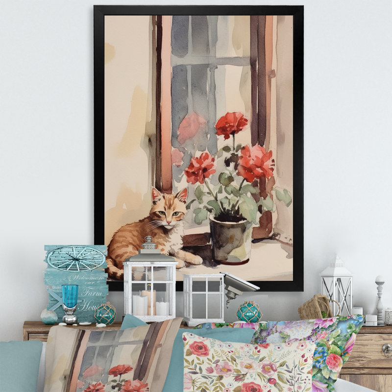 Décoration murale chat orange assis sur une fenêtre, Cadre simple noir, H 40 po x l 30 po x P 1,5 po
