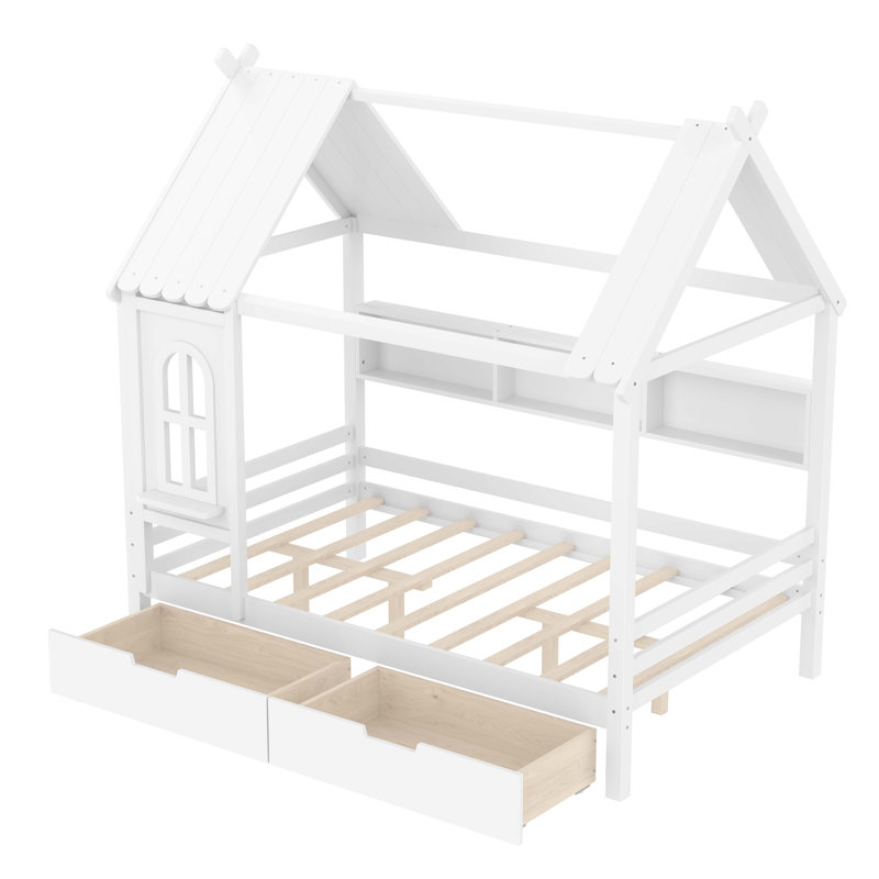 Lit double avec tiroirs de rangement et fenêtre, structure en bois massif, conception enfantine pour enfants, aucune boîte à ressorts nécessaire, blanc