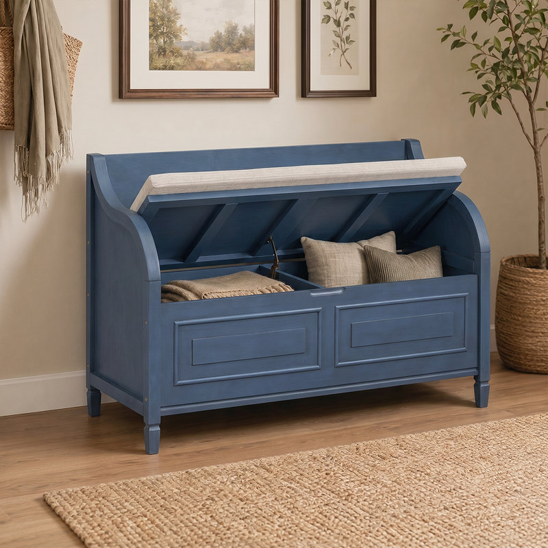 Banc de rangement élégant en bois massif avec compartiment caché et charnière de sécurité, Marine
