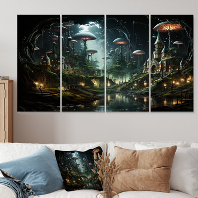 Enchanted Surreal Mushroom Haven - Surrealism Landscape 4 Piece Wall Art