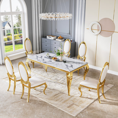 70" Marble Dining Table Set, Modern Faux Marble Table With Stainless Steel Legs And PU Leather High-Back Oval Chairs