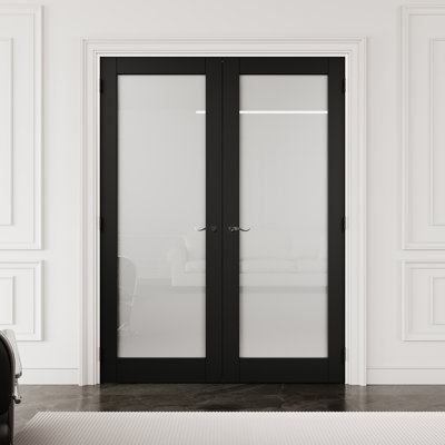 64" x 80" 1-Lite Black Frosted Glass Interior French Door with Black Hardware & Latch & Door Lever, Privacy Glass Door Slab, Sound-Dampening & Waterproof, Suit for Laundry, Closet Doors, Room Doors, Assembly Required