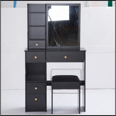 Petit meuble-lavabo de 29,2 po avec tabouret de bureau et tabouret rembourré, très grand miroir coulissant à droite, rangement multicouche à grande capacité, commode pratique et pratique, convient aux petits espaces