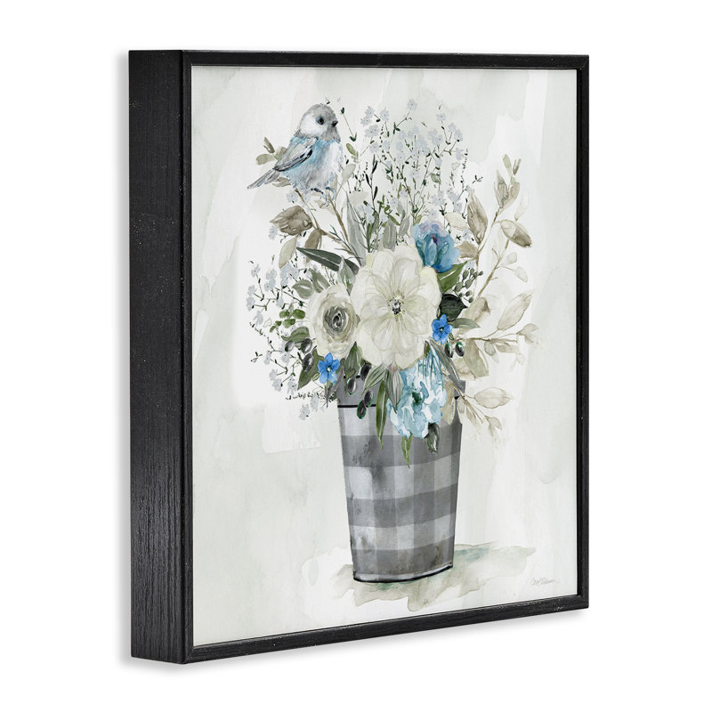 «Cottage Blooms Plaid Vase», estampe numérique par Carol Robinson, H 12 po x l 12 po, Giclée encadrée noir minuit