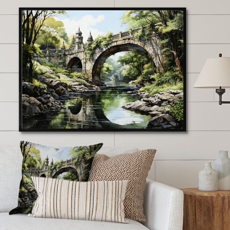 «Lymann Green Bridge Serene Arch III», reproduction sur toile, H 16 po x l 32 po x P 1 po, Cadre flottant noir