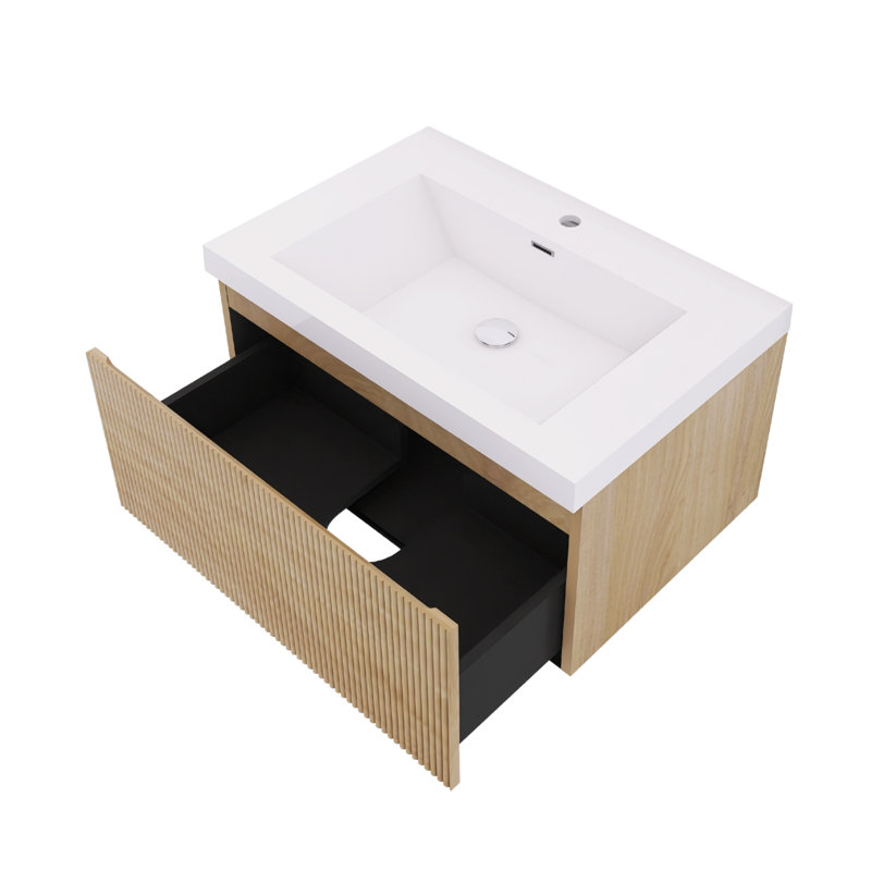 Meuble-lavabo mural en chêne naturel avec comptoir en résine de pierre et tiroirs à fermeture en douceur, Naturel, 30", Blanc